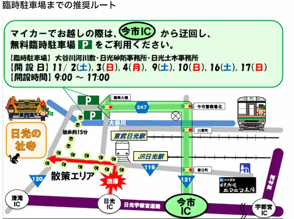 日光東照宮臨時駐車場推奨ルートの図